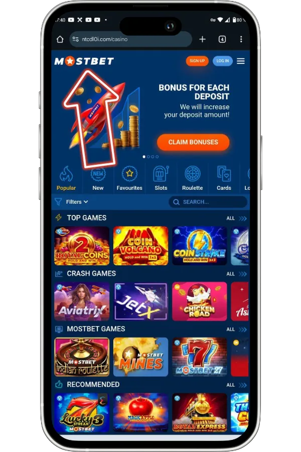 Open the casino site on mobile