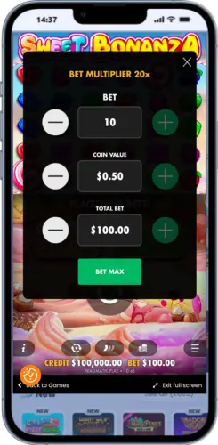 Sweet Bonanza – nastavení sázky a hodnoty mince v aplikaci