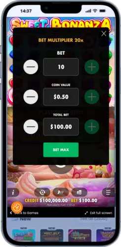 Impostazioni di puntata Sweet Bonanza – Regola importo e valore moneta