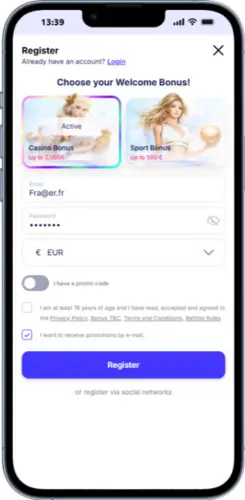 Fortunica registratieformulier – aanmeldscherm voor nieuwe spelers