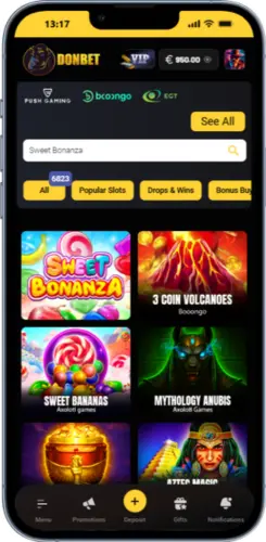 Recherche du jeu Sweet Bonanza dans l’application Donbet