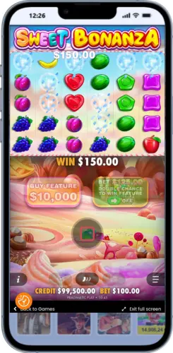 Sweet Bonanza Mobilansicht – Spielbildschirm mit Drehbutton
