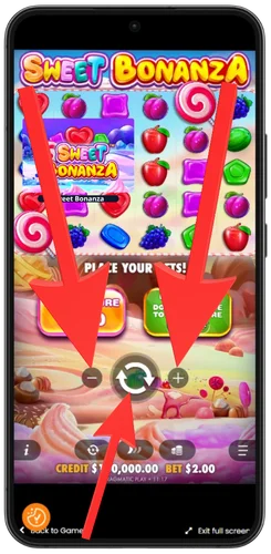 Sweet Bonanza bet controls and spin button on the 6x5 grid