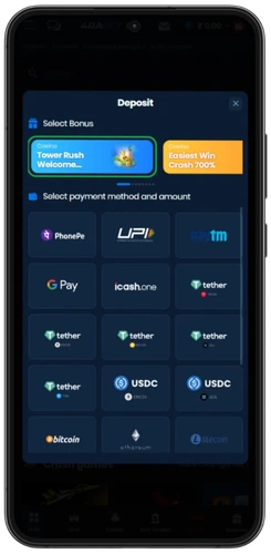 Sweet Bonanza casino deposit window with UPI, PhonePe and crypto