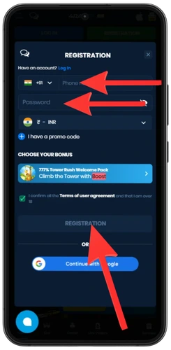 Sweet Bonanza casino registration form with phone number and password