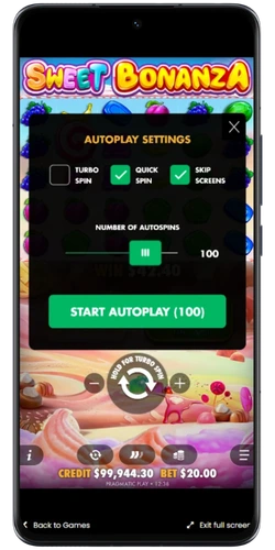 Sweet Bonanza autoplay settings with 100 spins selected