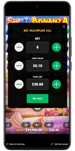 Sweet Bonanza bet settings with coin value and total bet