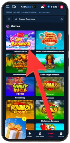 Sweet Bonanza search results in the casino game lobby
