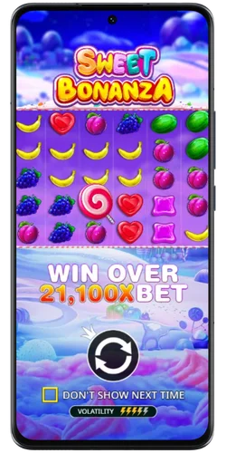 Sweet Bonanza start screen with 21,100x max win and volatility rating